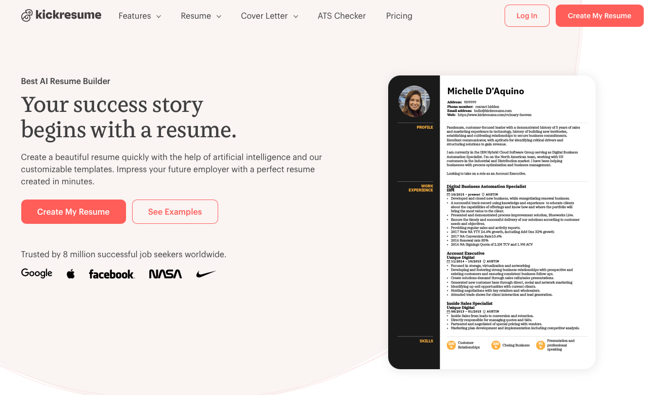 Kickresume Home Page